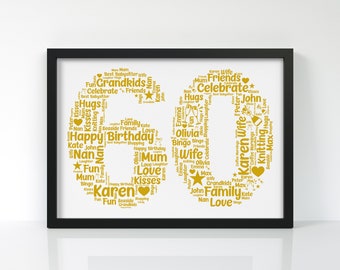 Personalised Birthday Gifts - 60th Birthday Gifts for her Keepsake - Word Art Gift Print Any Age - Unique Presents 60 Year Old Women or Men
