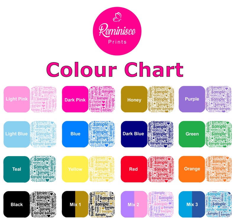 May include: Color chart with 16 different color options for a personalized word cloud design. The colors include light pink, dark pink, honey, purple, light blue, blue, dark blue, green, teal, yellow, red, orange, black, mix 1, mix 2, and mix 3.