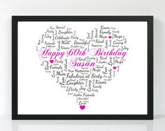 Personalised 60th Birthday Gift - Customised Birthday Heart Print  - Word Art Keepsake Unique Present 60 Year Old Women Mum Nan Friend Her
