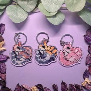Op de afbeelding: Drie acryl sleutelhangers met een cartoon hagedisfiguur met een grote kam. De linker sleutelhanger is oranje en blauw, de middelste is geel en blauw, en de rechter is roze met hartjespatronen. Elke hanger heeft een zilveren metalen ring.