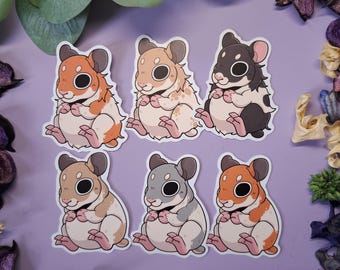 May include: A collection of six cartoon hamster stickers in various colors, including orange, tan, gray, and black. Each sticker features a cute, seated hamster with large eyes and a white belly. The stickers are on a purple background.