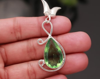 Ciondolo in fluorite verde – Pietra a forma di pera sfaccettata, gioiello placcato argento