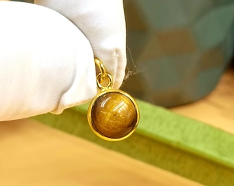 Natural Tiger's Eye Charm, 14k Solid Gold Charm, Brown Tiger's Eye Charm, Gold Charm Pendant, Handmade Charm, GIFT FOR HER