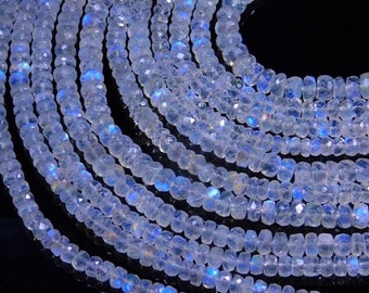 Rainbow Moonstone Beads Strand - Faceted Rondelle Beads 3.5-6 mm, Blue Flashy White Moonstone, Jewelry Making Supplies