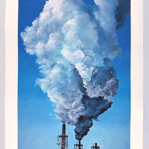 May include: An art print titled "Hamilton Clouds" depicts a factory with smokestacks emitting large plumes of white and gray smoke against a bright blue sky. The print has a vintage aesthetic.