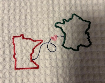 MN to FRANCE - kitchen towel, France towel, Minnesota towel, French towel, Christmas, love