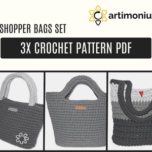 3x CROCHET PATTERN Set of Bags Shopper Cord Basket Bag PDF Pattern Instant Download