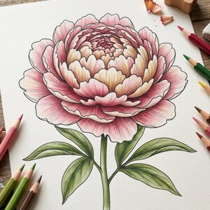 Puede incluir: Ilustración detallada de una flor de peonía en tonos rosa y crema, con hojas y tallo verdes. Lápices de colores en varios tonos rodean el dibujo, junto con un sacapuntas y virutas, lo que sugiere un tema de arte o artesanía.