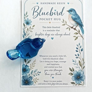 May include: A handmade resin bluebird pocket hug. The card reads "brighter days are always ahead." A small, glossy, blue resin bluebird is next to the card. The card has a blue floral design and a drawing of a bluebird.