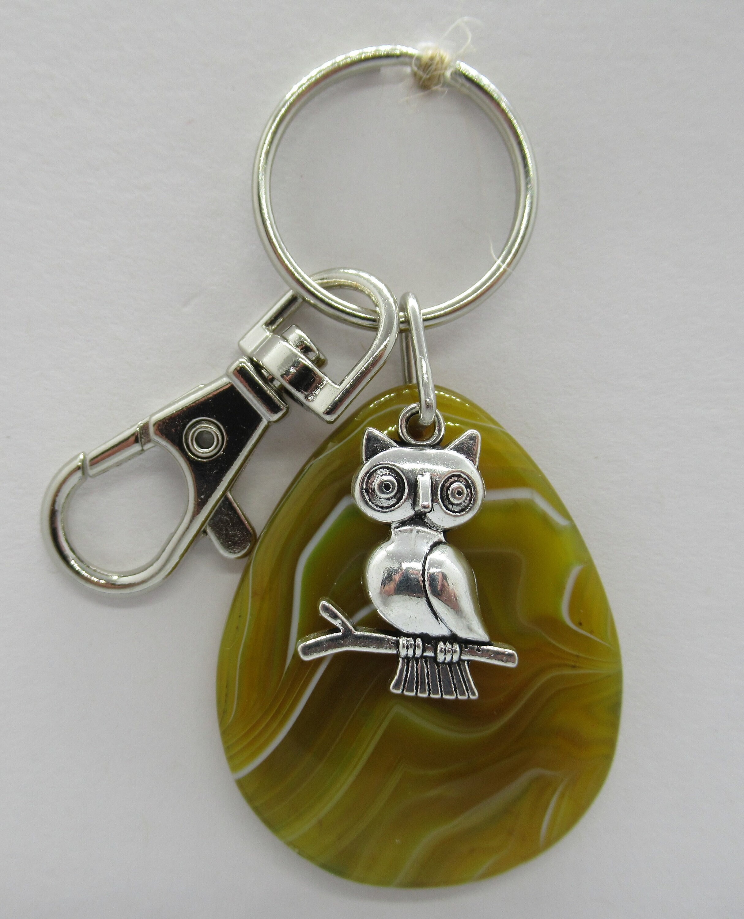 Yellow 'revitalizing' Agate crystal with Owl charm Keyring / bag accessory