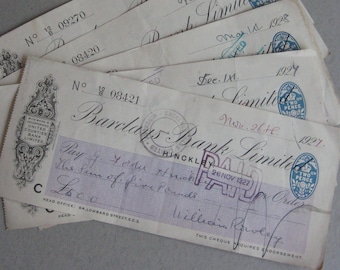 1920's handwritten bank cheques, Barclays Bank, Hinckley. 1920's ephemera. Scrap books, decoupage?