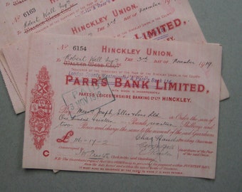 Old handwritten bank cheques from 1910's, Parr's Bank Hinckley. Scrap books, decoupage?