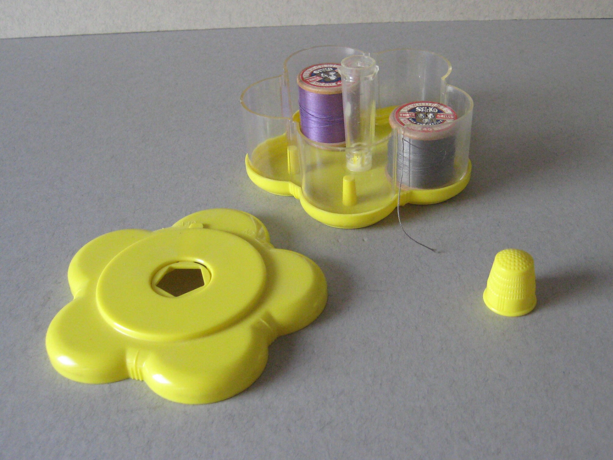Yellow vintage cotton reel holder with thimble. Sylko cottons. Etsy