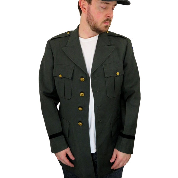 Vintage 50s 1955 Stylecraft Men's U.S. Army Uniform Wool Serge Green 44 Overcoat Blazer Coat Jacket 39 Long Small Military Dress Korean War