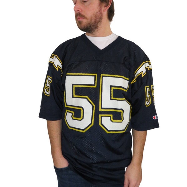 NEW Vintage 90s Champion Junior Seau San Diego Chargers #55 NFL Jersey Size 44 Made In USA Nylon Football Mesh Shirt Navy Blue On Field