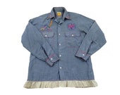 Vintage 50s 60s 70s Women 39 s Men 39 s Blue Selvedge Denim Chambray Embroidered Floral Flowers Aztec Bird Tribal Sun Shirt XS Small 14 Lace
