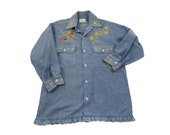 Vintage 50s 60s 70s Women 39 s Men 39 s Blue Selvedge Denim Chambray Embroidered Floral Flowers Parrot Palm Trees Shirt XS Small Lace Red Line