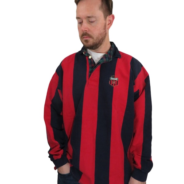 Vintage 90s Gant Rugby Striped Heavyweight Thick Long Sleeve Rugger Polo Shirt Mens Size XL Red Blue Henley Soccer Athletic Mod Color Block