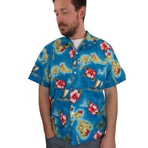 Vintage 70s 80s Made In USA Floral Island Tiki Aloha Native Flowers Button Down Hawaiian Camp Shirt Mens Medium Relax Hula Short Sleeve