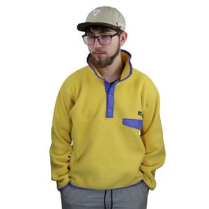 First Edition Vintage 80s 1989 Patagonia Synchilla Fleece Snap T Pullover Jacket Mens Medium Made In USA Sweatshirt Retro Yellow Purple 90s