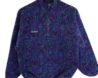Kurtka polarowa Columbia Aztec Tribal Southwestern z lat 90. XX wieku, damska, duża, męska, fioletowo-turkusowa, geometryczna, zapinana na krótki zamek, retro, wyprodukowana w USA
