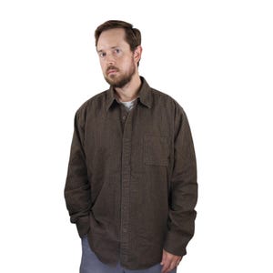 Vintage Patagonia Hemp Flannel Caballero Long Sleeve Button Down Work Shirt Shacket Mens Large LT Tall Long Brown Striped Workwear Fishing