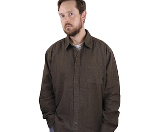 Vintage Patagonia Hemp Flannel Caballero Long Sleeve Button Down Work Shirt Shacket Mens Large LT Tall Long Brown Striped Workwear Fishing