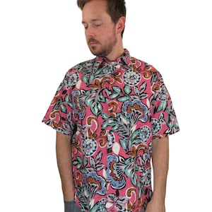 Vintage 80s 90s Made In USA Hawaii Reyn Spooner Pink Linen Leaf Leaves Hibiscus Floral Hawaiian Camp Shirt Mens Size Medium Aloha Tiki