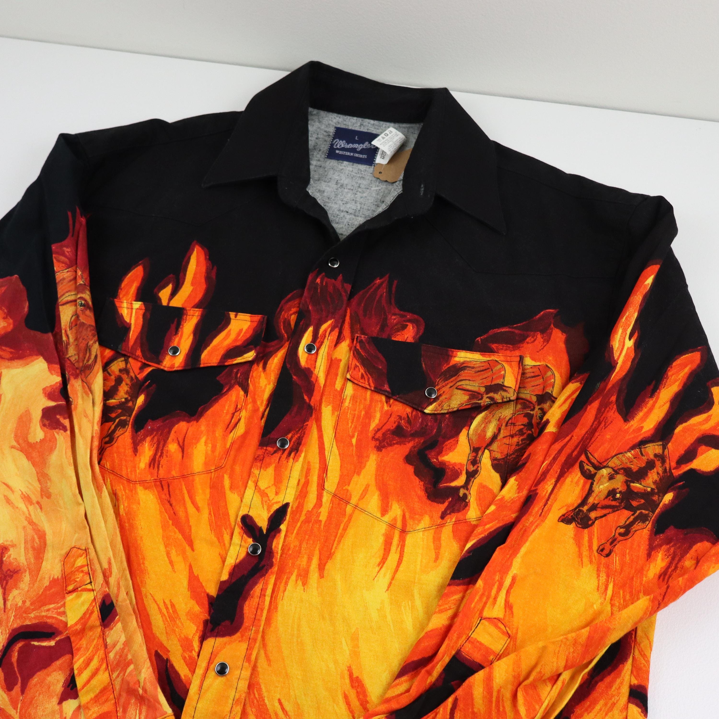 Vintage Wrangler Flames Shirt Mens Large Western Cowboy Rockabilly