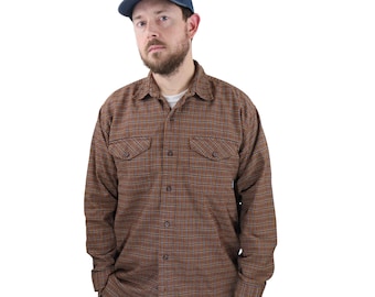 Vintage 90s Patagonia Flannel Plaid Work Shirt Mens Medium Brown Blue Yellow Button Down Heavyweight Outdoor Workwear Hiking Camp Woven Y2K