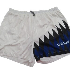 Vintage 80s 90s Adidas Trefoil Imprinted Satin Tennis Geometric Soccer Shorts Size Medium Small 31 32 33 Running Gym Athletic Futbol Lined