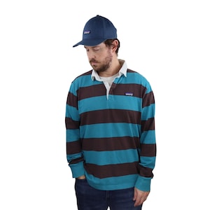 Vintage Y2K Patagonia Sender Rugby Striped Heavyweight Thick Long Sleeve  Polo Shirt Mens Large Brown Blue Henley Climbing Soccer Alpine 90s