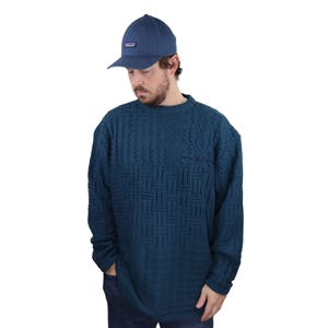 Vintage 90s Y2K Heavyweight Chunky Knit Geometric Textured 3D Grandpa Dad Crewneck Sweater Mens Large XL Pullover Blue Baggy Coogi Style