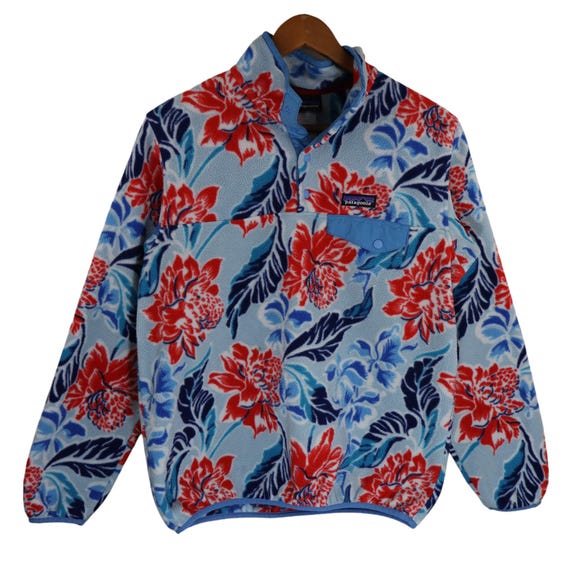 Y2K Patagonia Manoa Hawaiian Floral Aloha All Over Print Synchilla Fleece Snap T Pullover Jacket Womens Medium Sweater Sweatshirt Dusk Blue Etsy