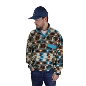 Y2K Patagonia Rare Relaxed Baggy Aztec Tribal Print Synchilla Fleece Snap T Pullover Jacket Mens Medium Neopali Dhoti Coat Southwestern