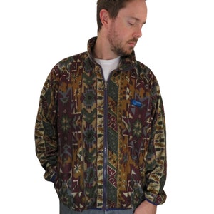 Vintage 90s Polartec All Over Print Tribal Aztec Southwestern Synchilla Fleece Pullover Jacket Mens Large Sweatshirt Geometric Bomber Spring