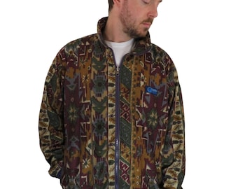Vintage 90s Polartec All Over Print Tribal Aztec Southwestern Synchilla Fleece Pullover Jacket Mens Large Sweatshirt Geometric Bomber Spring