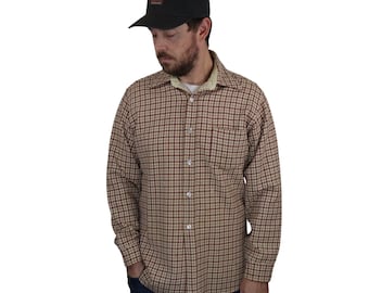 Vintage 70s 80s Pendleton Made In USA Wool Flannel Gingham Check Shadow Plaid Button Down Shirt Mens Size Medium Large Red Beige Long Sleeve