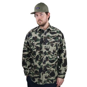 Vintage 90er Jahre Made in USA Eddie Bauer All Over Print Angeln Camo Heavyweight Button Down Chamois Flanellhemd Herren Medium Shacket Militär