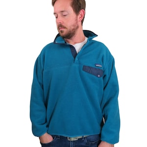 Vintage 90s Patagonia Synchilla Fleece Snap T Rare Pullover Jacket Mens Large Unisex Womens Sweatshirt Sweater Retro Fall Teal Blue Y2K