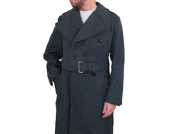 Vintage 1966 jaren 60 Britse Royal Airforce RAF wollen overjas maat 5 kleine gordel zwaargewicht grote jas uniformjas WO II Frans James Dawson