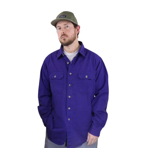 Patagonia, Vintage 80s 1985 Patagonia Canvas Long Sleeve Button Down Shirt Shacket Mens XL Long Tall XLT Purple Work Fishing Shirt Outdoor Brushpopper