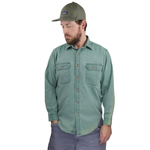 Vintage 80s 90s Patagonia Heavy Canvas Denim Long Sleeve Button Down Board Shirt Mens Medium Garment Dyed Green Work Hunting Fishing Guide