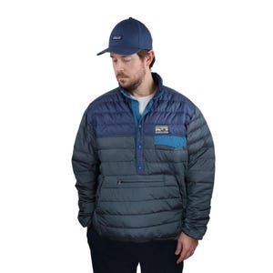 Y2K Patagonia 40th Anniversary Baggy Goose Down Snap-T Sweater Insulated Puffer Jacket Coat Mens Size XL Navy Blue Gray Ski Outdoor Sweater
