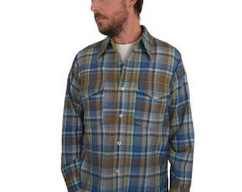 Vintage 80s Pendleton Men's Blue Plaid Tartan Striped Virgin Wool Woven Flannel Outdoor Shirt Size 15.5 Medium Long Sleeve Button Down Board