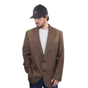 Vintage 70s Made In USA Pendleton Western Wool Tweed Heavyweight Blazer Mackinaw Cruiser Jacket Coat Mens Size 44 Long Elbow Patches Brown