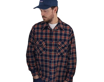 Vintage 70s 80s Pendleton Made In USA Virgin Wool Flannel Shadow Plaid Ombre Loop Collar Board Shirt Mens Large XL Red Blue Long Sleeve