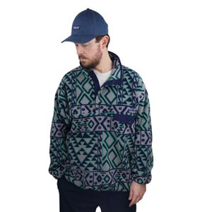 Y2K Patagonia Montana Siete Aztec Tribal Geo Southwestern Synchilla Fleece Snap-T Pullover Jacket Mens XL 2XL Gray Blue Sweater Sweatshirt