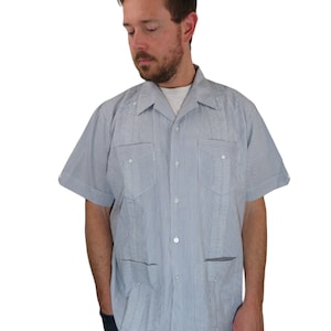 Vintage 70s 80s Guayabera Cuban Blue Pinstriped Wedding Panama Corona Mexican Hawaiian Shirt Mens XL Cubavera Button Up Short Sleeve Striped