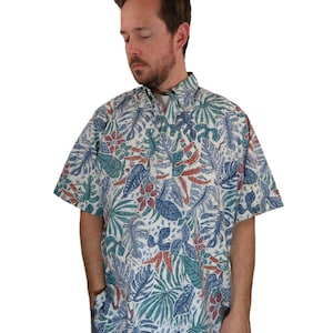 Vintage 1980s 90s Made In USA Reyn Spooner Leaf Leaves Hibiscus Floral Reverse Print Popover Henley Hawaiian Camp Shirt Mens XL Aloha Tiki